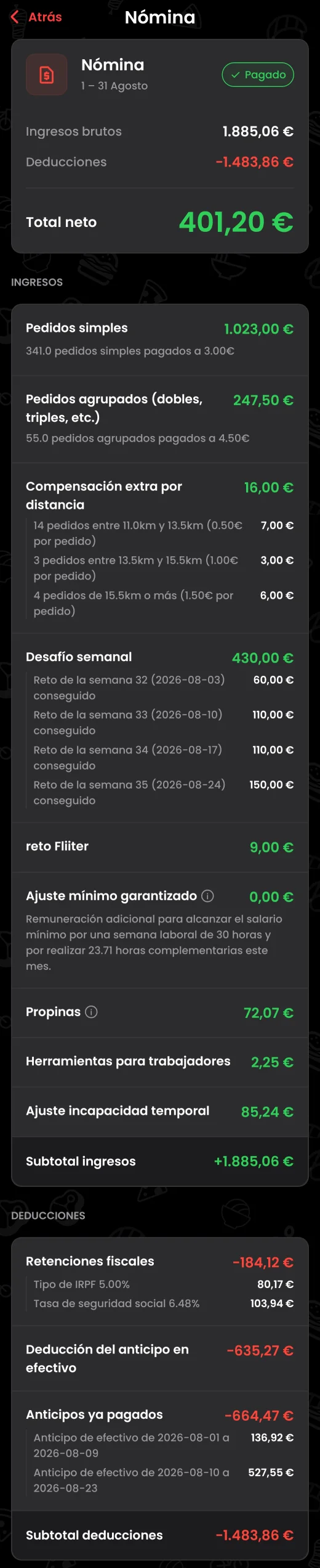 Captura completa de mi nómina de agosto de 2026 en la app de Fliits: ingresos, retos y deducciones