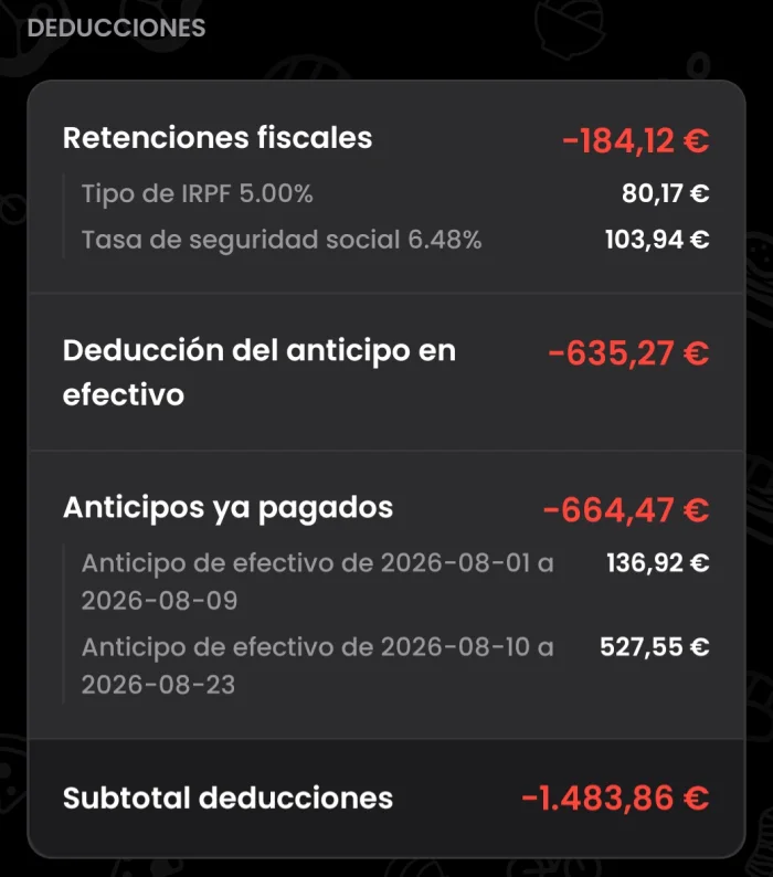 Deducciones de mi nómina de agosto de 2026: retenciones, efectivo de clientes y anticipos