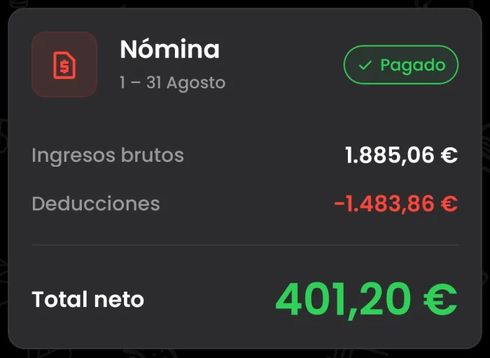 Resumen de mi nómina de agosto de 2026 en la app de Fliits con ingresos brutos, deducciones y total neto