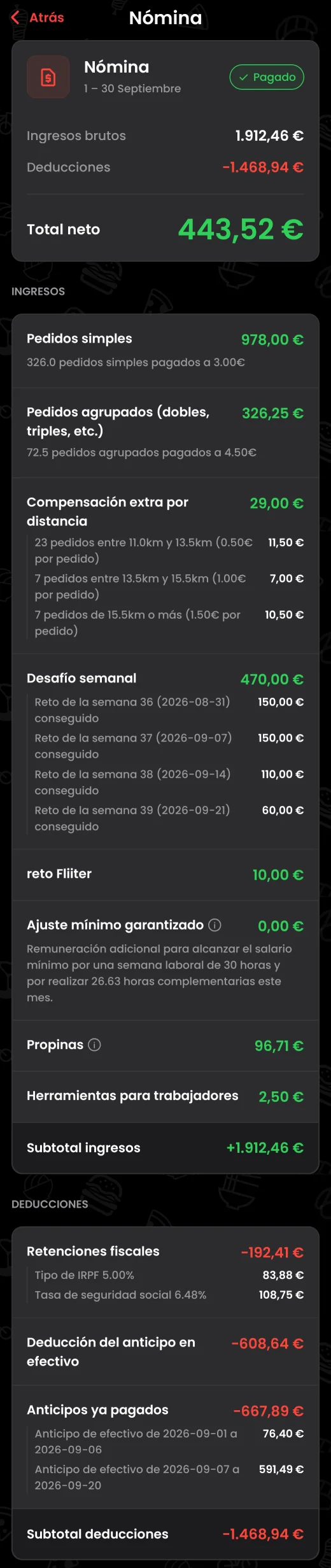 Captura completa de mi nómina de septiembre de 2026 en la app de Fliits: ingresos, retos y deducciones