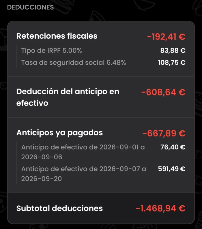 Deducciones de mi nómina de septiembre de 2026: retenciones, efectivo de clientes y anticipos