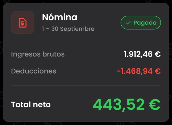 Resumen de mi nómina de septiembre de 2026 en la app de Fliits con ingresos brutos, deducciones y total neto